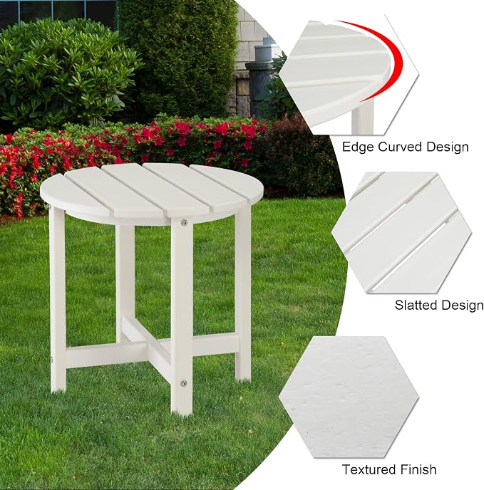 18" HDPE Adirondack Weather Resistant Square Side Table for Patio, Backyard, Pool, Indoor, Beach Use, Easy Maintenance (Round, White)