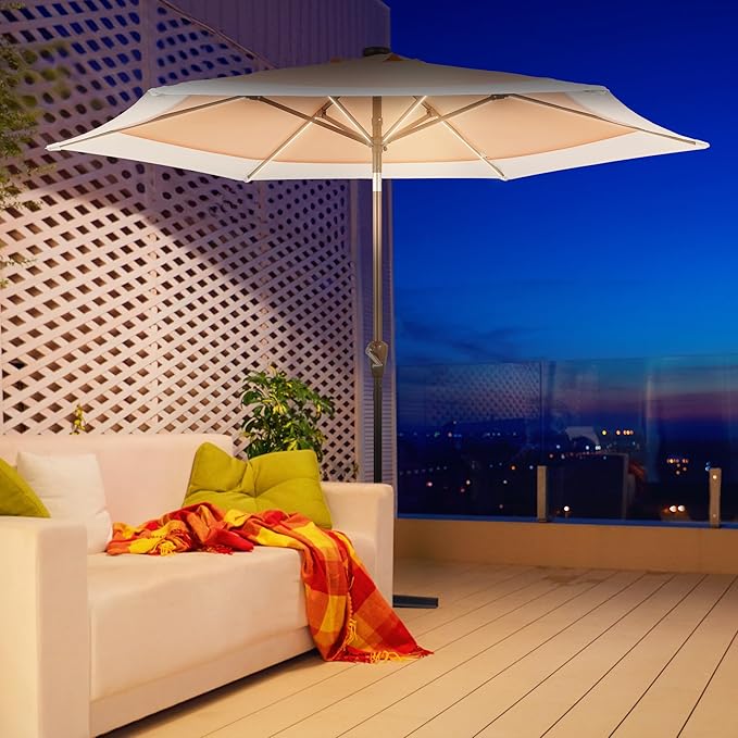 JONATHAN Y Spencer 9 ft. Solar Powered LED Patio Umbrella with Crank and Tilt, Hexagon Outdoor Market Sunshade for Garden, Deck and Pool, Coral Pink/White, Dark Brown Pole UMB1100D