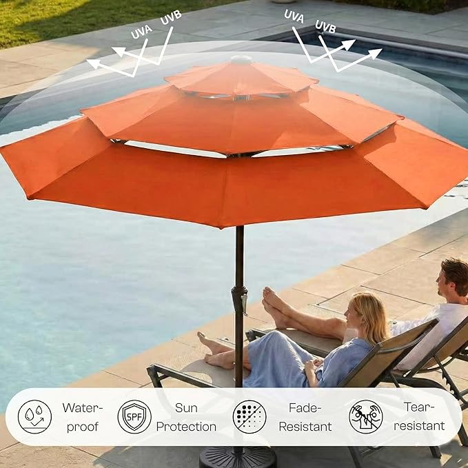 10ft 3-Tier Patio Umbrella with 32 Solar Powered LED Lights, Windproof Outdoor Market Umbrella for Deck, Poolside & Garden, Sturdy Push-Button Tilt Table Umbrella, Terracotta