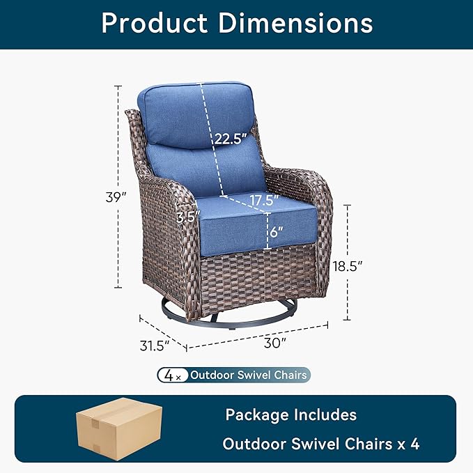 Luxury Outdoor Swivel Rocker Patio Chairs-4 Pieces High Back Swivel Rocker Patio Chairs with Thick Cushions All Weather Wicker Outdoor Furniture Set for Deck Porch Balcony(Brown/Blue)