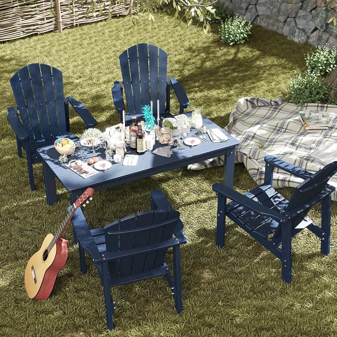 nevilywood 3-Piece HDPE Adirondack Chair Set, 2 Stackable Chairs Coffee Table, All-Weather Wood Grain, Patio Garden Backyard,Navy Blue