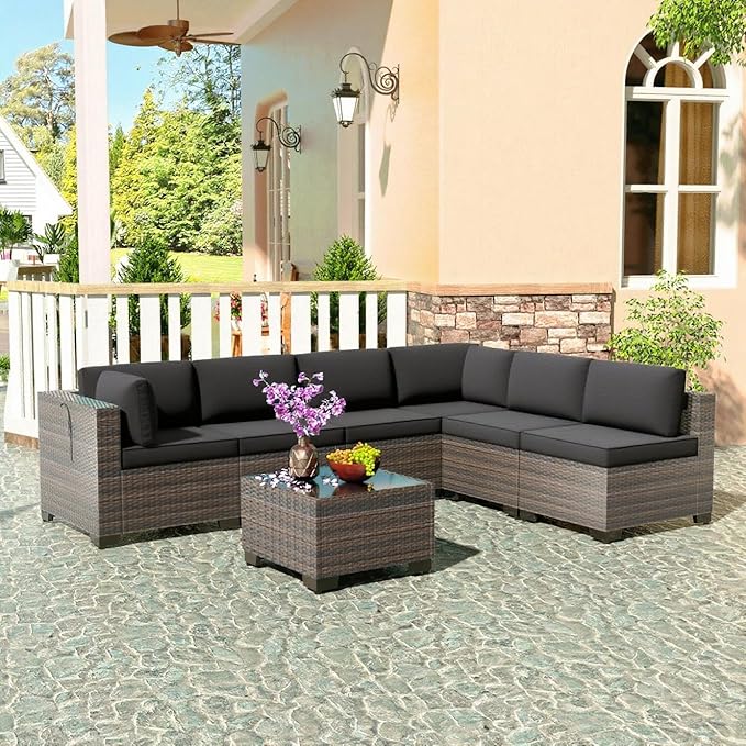 7 Pieces Outdoor Patio Furniture Sets,Wicker Conversation Set Sectional Sofa,Includes 6 All-Weather High Back PE Rattan Seating Components w/Thickened Cushions&Coffee Table,Gray