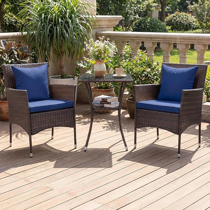Tangkula 3 Pieces Patio Wicker Bistro Set, 2 Rattan Chairs w/ 2-Tier Tempered Glass Table, Outdoor Conversation Furniture Set with Cushions for Backyard, Porch, Poolside (Mix Brown+Navy)