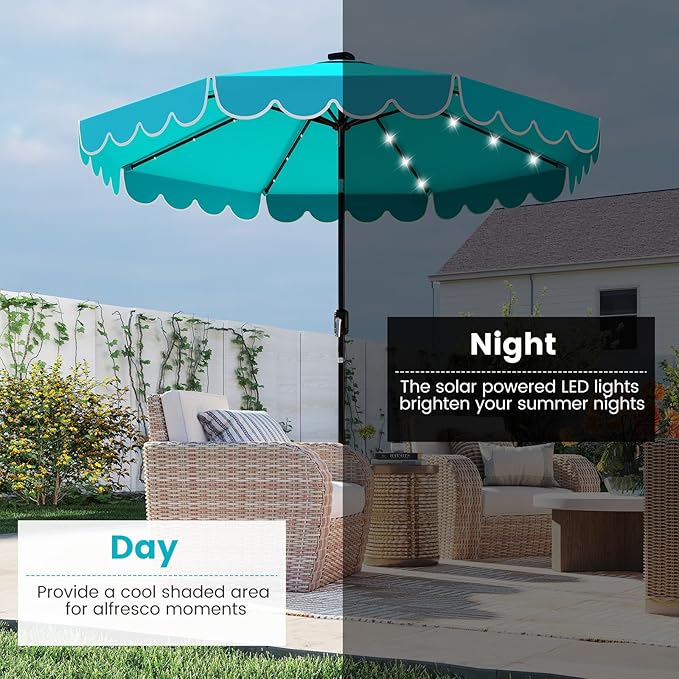 Tangkula 9 FT Solar Patio Umbrella, 2-Tiers Scalloped Outdoor Table Market Umbrella with 32 LED Lights, Vented Top, Tilt Adjustment, Crank, 8 Ribs for Backyard Poolside Deck Beach Lawn (Turquoise)
