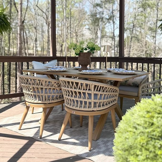 PURPLE LEAF 7 Pieces Outdoor Dining Set All-Weather PE Rattan Outdoor Patio Furniture Set with All Aluminum Frame Rectangular Table and Chairs Set for Lawn Garden Backyard Deck, Teak