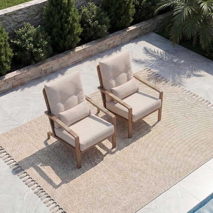 Patio Furniture Set, 2-Piece Aluminum Outdoor Single Chairs with Washable High-Resiliency Sponge Cushions, Beige