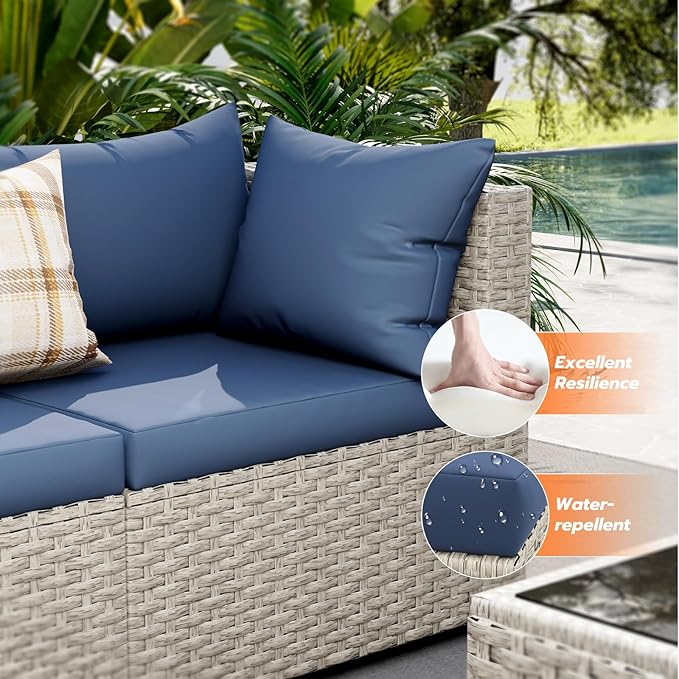 UDPATIO Outdoor Patio Furniture Set, 7-Piece Modular Sectional Sofa with Tea Table, PE Wicker Outdoor Conversation Set for Patio, Garden, Backyard Blue
