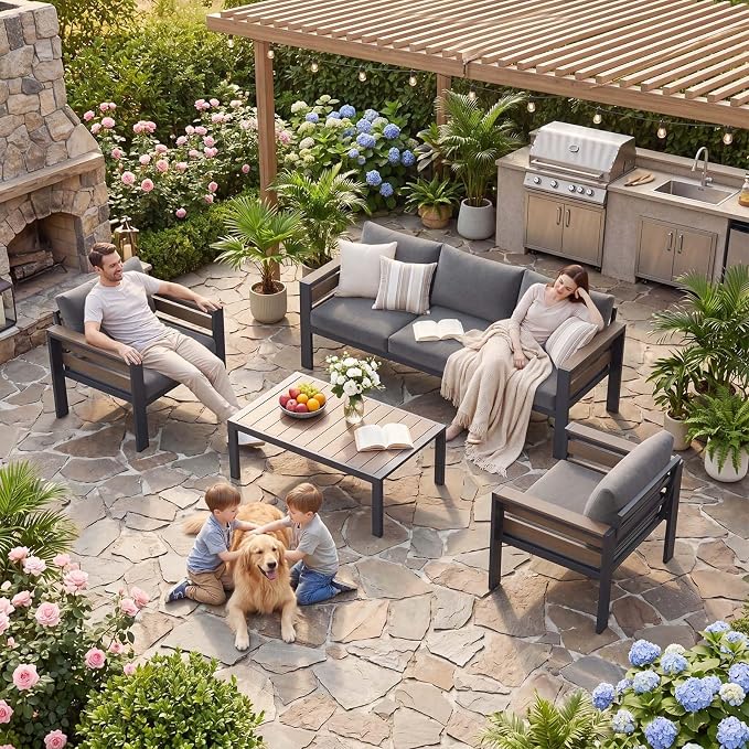 DoCred Aluminum Patio Furniture Set, 4-Piece Modular Patio Conversation Set with Widened Armrests and Thickened Cushions, Metal Outdoor Furniture Set for Porch, Balcony, Deck, Yard, Poolside