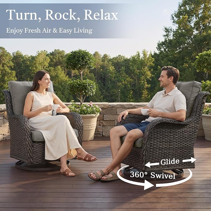 Outdoor Swivel Rocker Patio Chairs-Wicker Patio Swivel Chairs Set of 2 PE Rattan Patio Furniture for Porch Deck Balcony Garden-Brown/Grey