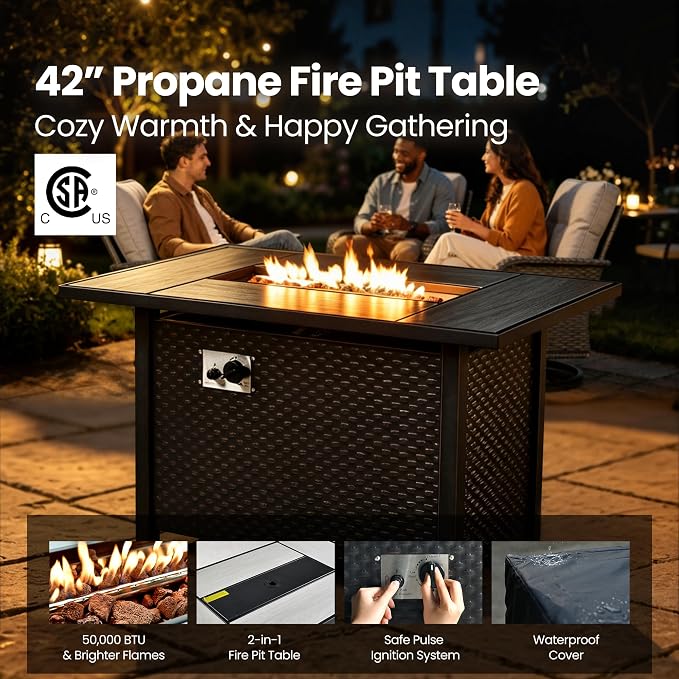 7 Piece Patio Furniture Set with Firepit Swivel Chair, Gray | High Back Swivel Rocker Chairs, Deep Seat Sofa Ottoman, Fire Pit Table, Outdoor Conversation Sets for Porch Deck Backyard