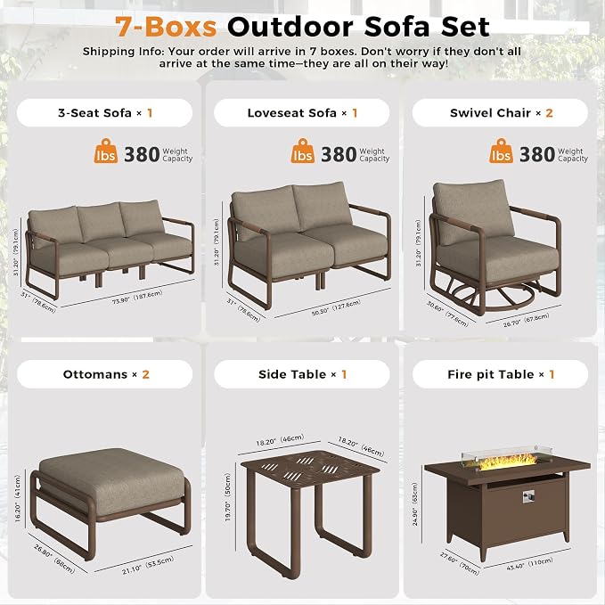 Outdoor Aluminum Patio Furniture Set with 43" Fire Pit Table,7-Seat Outdoor Conversation Set with Swivel Chairs & Loveseat & Ottomans, All-Weather Patio Set for Backyard，Brown
