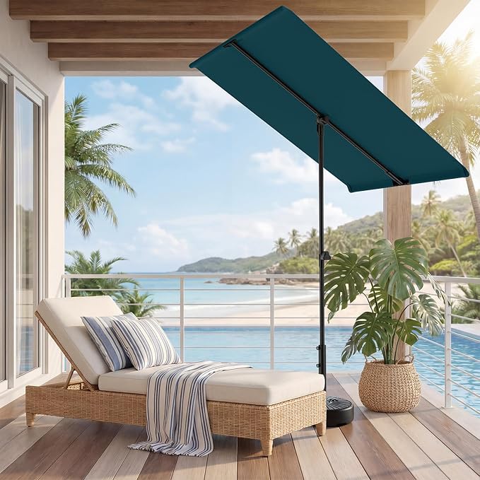 HOMSHADE 6x4ft Outdoor Balcony Umbrella - Flat Porch Pool Patio Umbrella Rectangular Canopy Shade UPF50+ UV Protection 360° Rotating & Tilting All Angles Applicable (Peacock Blue, No Base)