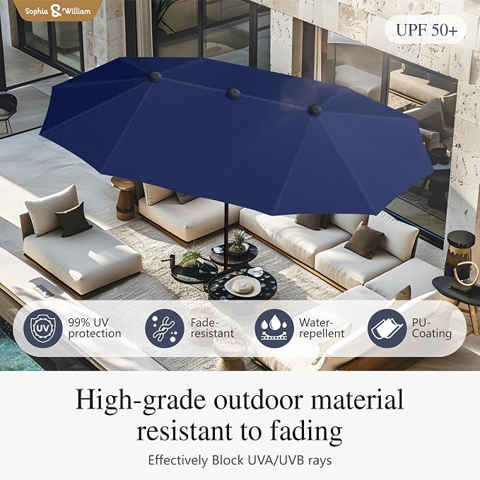 Sophia & William 7 Pieces Outdoor Patio Dining Set with 13ft Navy Patio Umbrella for Outside, Metal Patio Table and Rattan Chairs Set with Cushion and 1.6" Adjustable Umbrella Hole