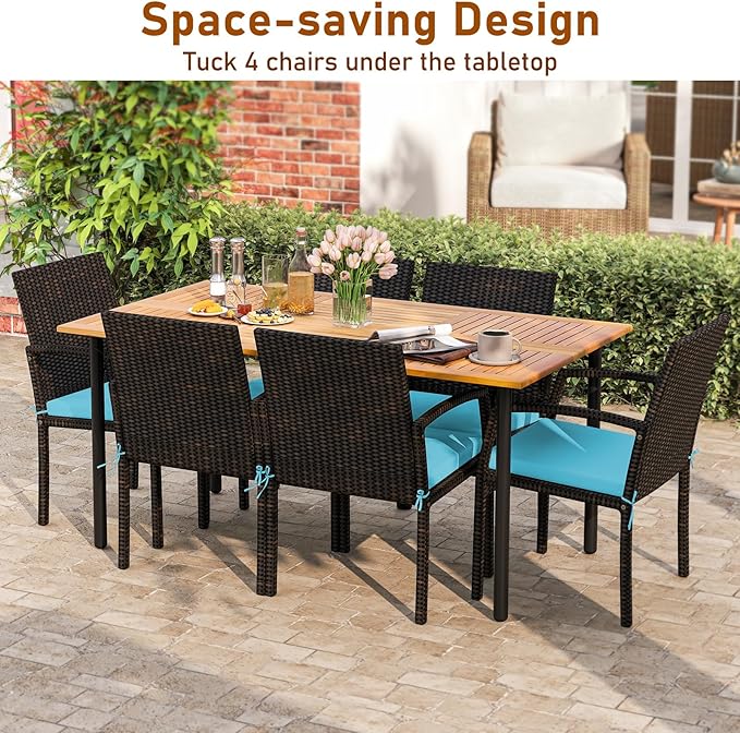 Tangkula 7 Pieces Outdoor Dining Set, Patio Acacia Wood Table and PE Rattan Chairs with Soft Cushions and 2” Umbrella Hole for Deck, Garden and Backyard