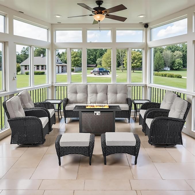 Belord Expansive 10 Pieces Outdoor Patio Furniture Set with 43” Propane Fire Pit Table, Patio Conversation Set with Swivel Rocker Outdoor Chairs Set of 4 and Sofa, Ottoman and Wicker Side Table Black
