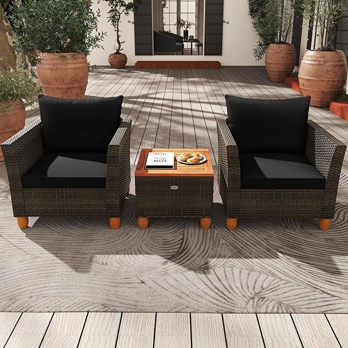 HAPPYGRILL 3-Piece Patio Conversation Furniture Set Outdoor Wicker Sofa Set with Soft Cushions & Coffee Table for Balcony Backyard Porch