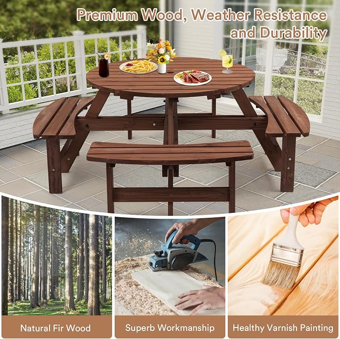 Zevemomo Wood Picnic Table for 8 People, Round Top with Umbrella Hole, 4 Built-in Curved Benches, 2220LBS Capacity for Patios & Backyards, Brown