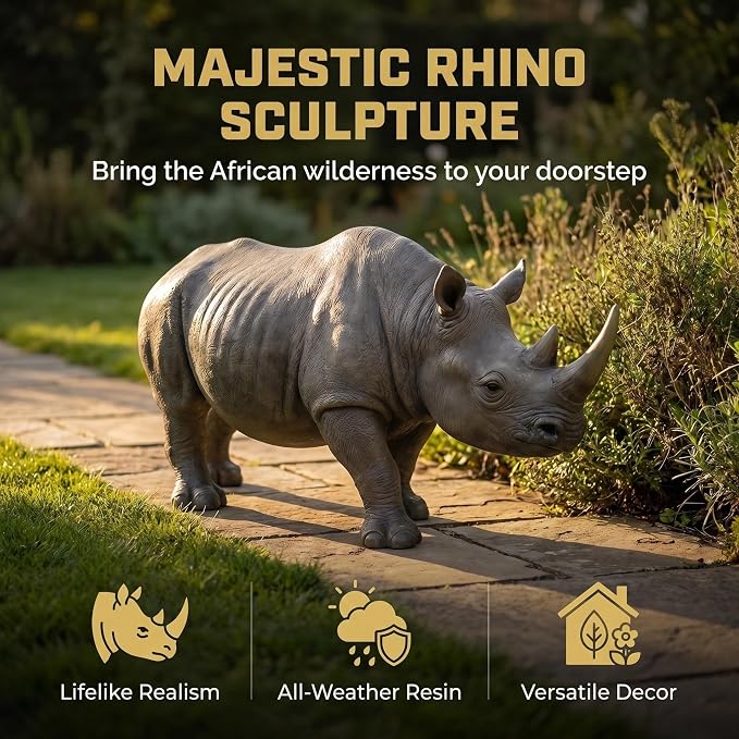 28" Large Rhinoceros Garden Statue | Realistic Resin, Weatherproof, Outdoor Wildlife Sculpture, Yard Lawn Patio Safari Decor