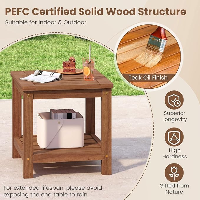 2-Tier Adirondack Side Table, Square Wood Patio End Table with Slatted Tabletop Storage Shelf, Accent Small Side Table Indoor Outdoor for Garden, Backyard, Porch & Living Room