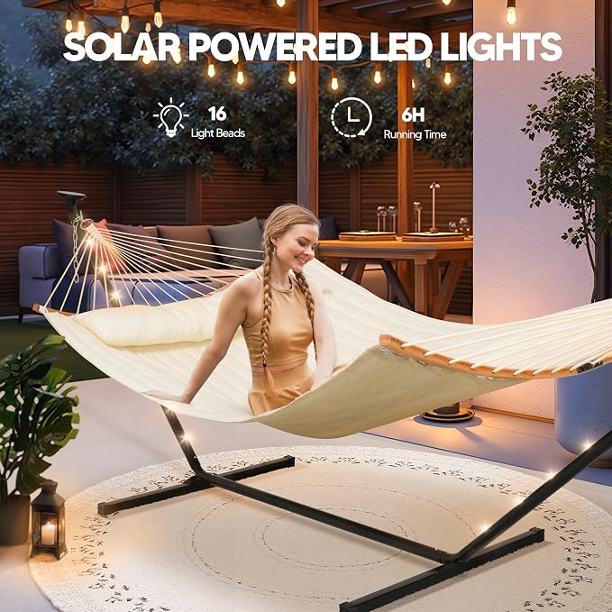 SUNCREAT Double Outdoor Hammock with 12 ft Stand, Self Standing Hammocks with Stand, Beige
