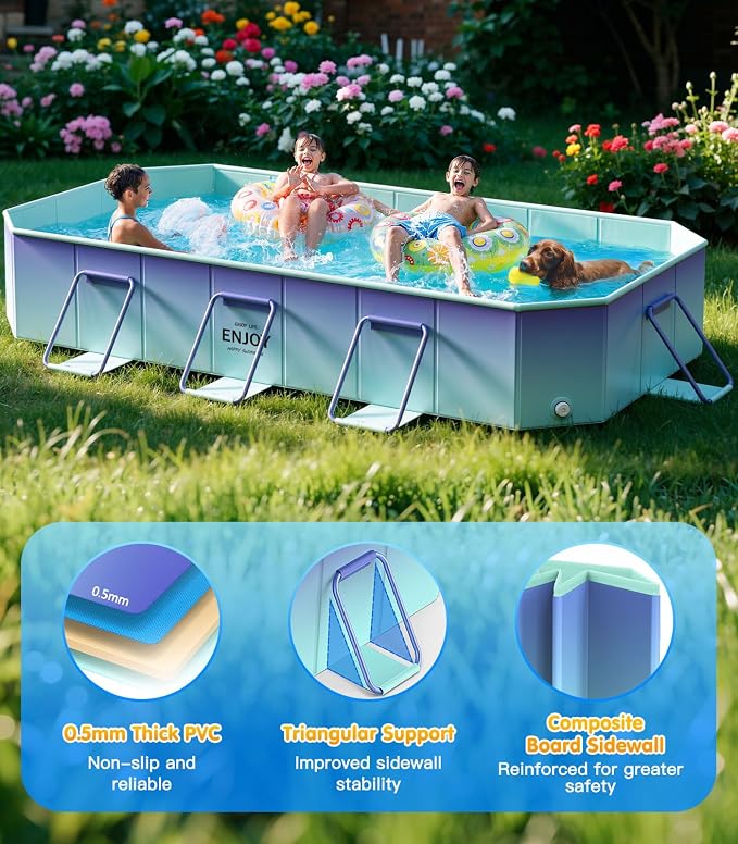 MoKo Foldable Pool for Adults & Kids, Framed Non-Inflatable Swimming Pools for Toddler, Collapsible Pool for Family Outdoor, Backyard, Garden, Camping,114" x 70" x 19", Glacial Blue