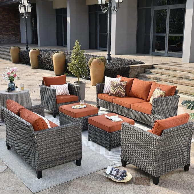 ovios 6 Pieces Patio Furniture Set, Outdoor Wicker Rattan Sofa Couch with Loveseat, Chairs, Comfy Cushions, Conversation Sets for Porch Deck Garden, Orange Red