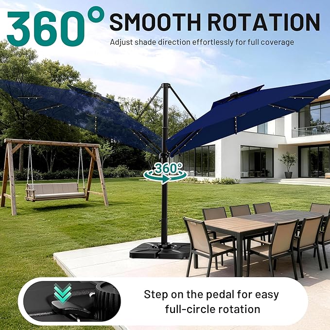AreShark 10×10FT Solar LED Cantilever Umbrella with Base Included, Double-Top Outdoor Patio Offset with 360 Degree Rotation, Square Offset Hanging Umbrella for Garden Deck Pool, Navy