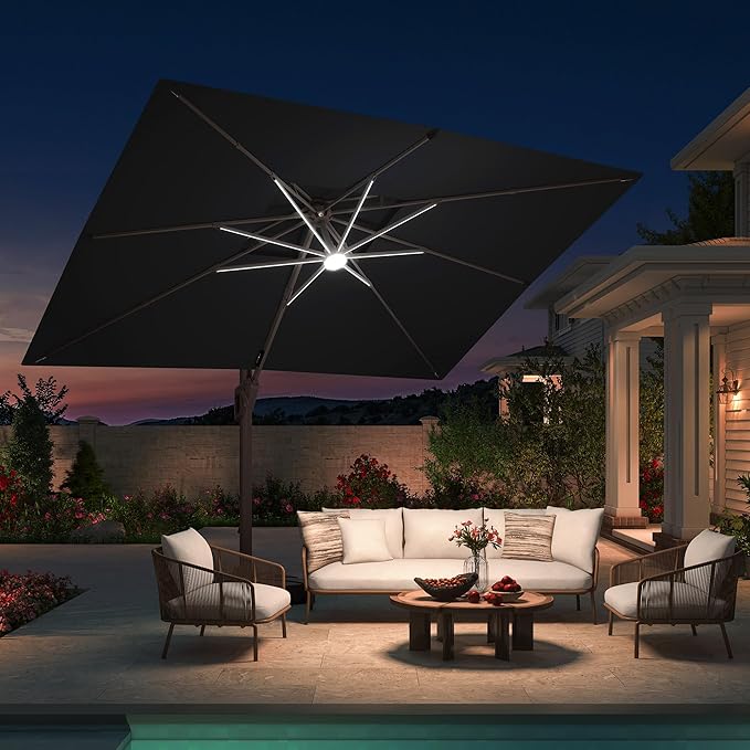 10 X 13 FT Cantilever Patio Umbrella with Led Lights Outdoor Rectangle Offset Large Double Top Heavy Duty Umbrellas with 360°Rotation for Pool Deck Backyard Garden, Black