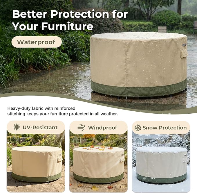 BPS Waterproof Patio Table and Chairs Cover, 600D Anti-UV Outdoor Dining Furniture Set Cover with Air Vent and Storage for Patio Round Sectional Set, 120''Dia x 32''H
