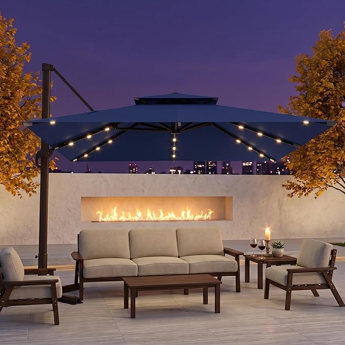 10FT Cantilever Patio Umbrella with Solar Lights, Large Outdoor 2 Tier Aluminum Offset Square Umbrellas 360 Degree Rotation for Garden Deck Pool