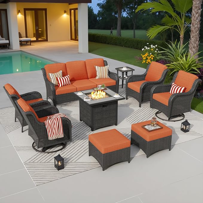 ovios 9 Pieces Patio Furniture Set with 30 inch Fire Pit Table, Outdoor Wicker Sofa Couch Swivel Rocking Glider Chairs, Modern Luxury Conversation Set, Brown Wicker, Orange Red