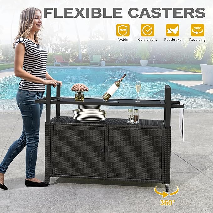 DWVO Outdoor Kitchen Island,Patio Buffet Cabinet with Storage, Bar Cart with Glass Top,Patio Storage Cabinet with Wheels,Outdoor Bar Table for Poolside and Backyard,Black