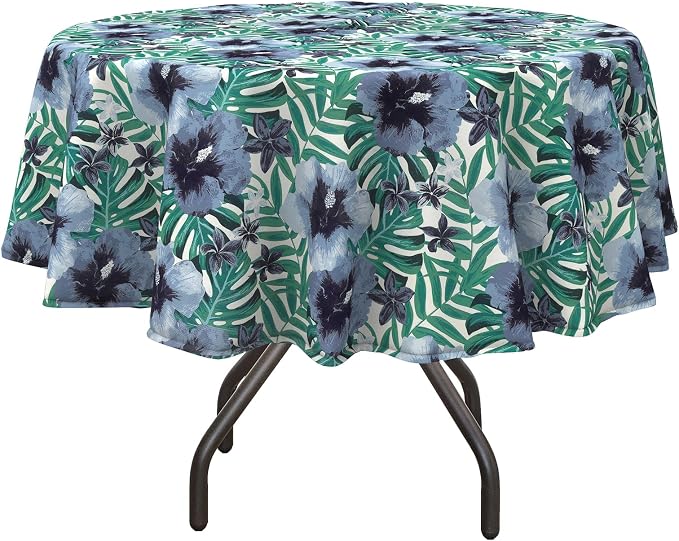 DYTXIII Outdoor Round Tablecloth with Umbrella Hole 60 Inch, Water Repellent & Fade Resistant Table Cover, All Weather Outdoor Tablecloth for Garden & Party Table, Blue Salmone Tropical