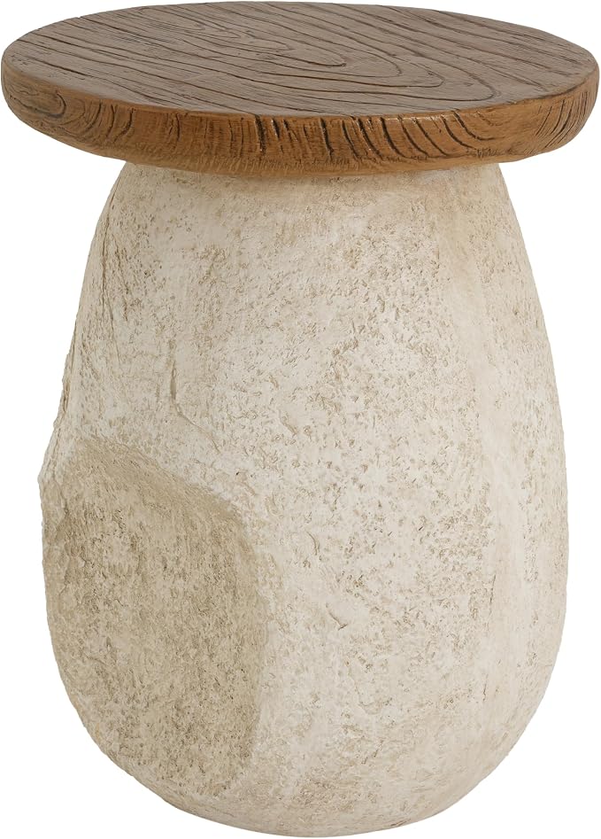 Outdoor Side Table, Modern Organic MGO Accent End Table for Patio, Living Room, Beige Tone Organic Pear-Shaped Base with Faux Wood Grain Top