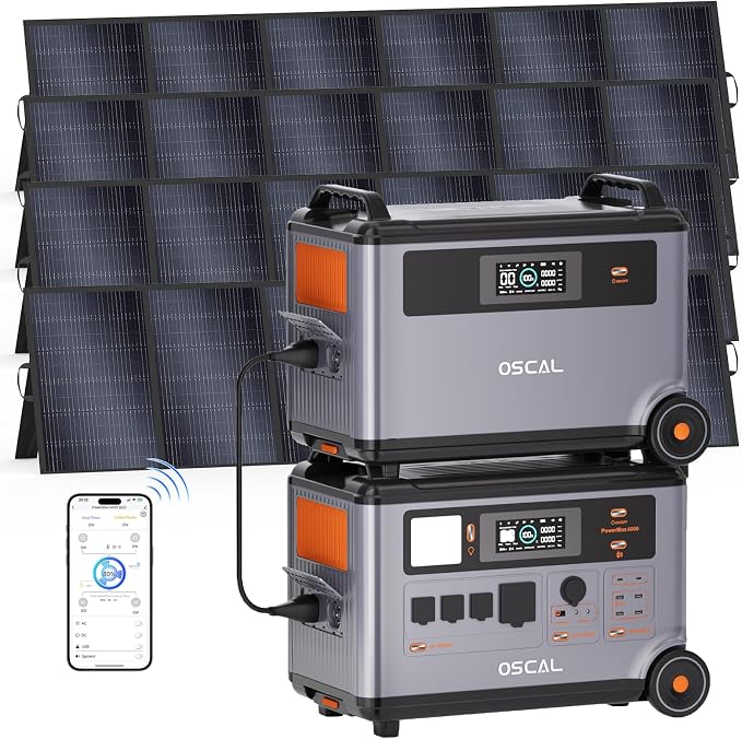 Powermax 6000W(9000W Peak) Portable Solar Power Station with 4 * 500W Solar Panels, 7200Wh LiFePO4 Battery(with 3600Wh Expansion Battery Pack), 2400W Solar Charging Generator for Camping, Home