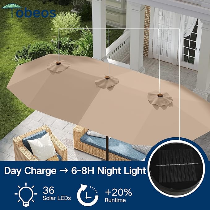 Large Patio Umbrella with Solar Lights and Base, Double-Sided Outdoor Rectangle Umbrella with 48 LED Lights, Market Table Umbrellas with UV Resistant Canopy