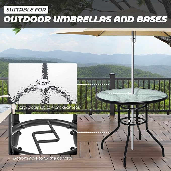 Dining Bistro Table Furniture Outdoor Patio Coffee Small Balcony End Outside Console Umbrella Hole Tempered Glass Conversation All Weather