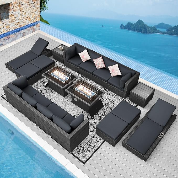 NICESOUL 18 Piece Extra Large Luxury Patio Furniture Set with Firepit, Outdoor Sectional with Chaise Lounge, Comfy 29.3" High Back Couch Deep Seat, All-Weather Wicker Conversation Set, Dark Gray