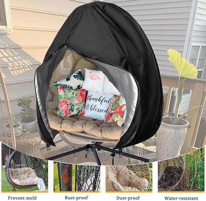 Oslimea Patio Egg Chair Cover Large 91x80 inch Waterproof Patio Hanging Swing Chair Covers Windproof Double Outdoor Swing Egg Chair Cover with Zipper and Bottom Buckle, Black