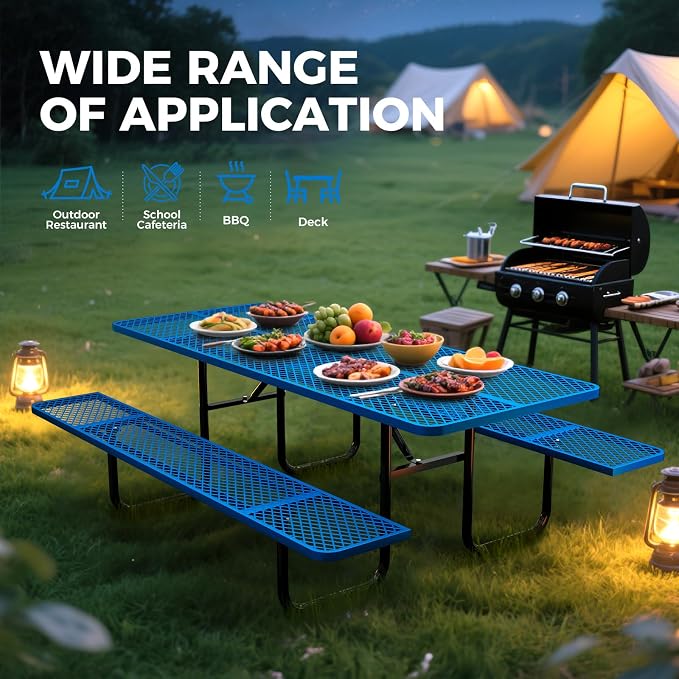 72 Inch Heavy Duty Picnic Table for Outdoors, Rectangular Camping Table with Benches and 1.78" Umbrella Hole, Commercial Grade Steel Frame, 2200 lbs Load Capacity, Blue