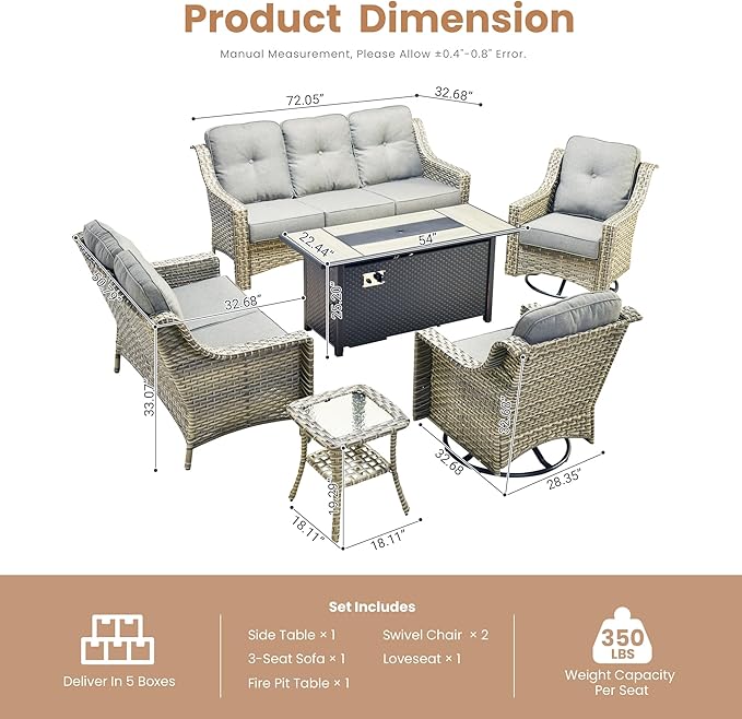 HOOOWOOO Patio Furniture Set,6 Pieces Wicker Outdoor Furniture,High Back Conversation Set with All Weather Resistant Fire Pit Table Couch Swivel Chairs,Dark Gray