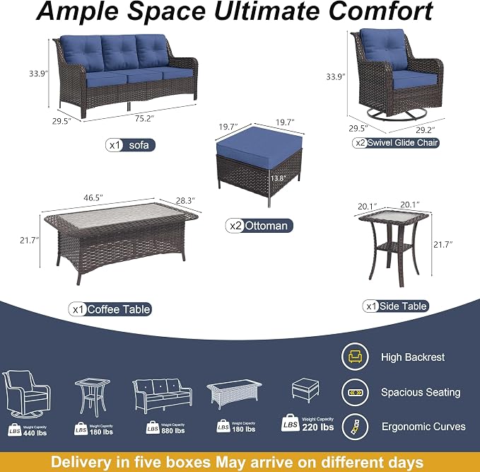7-Piece Patio Furniture Set, Outdoor Thick Wicker Sectional Sofas with 2 Swivel Chairs, High Back Sectional Sofa Couch, Outdoor Conversation Set for Backyard, Porch, Deck, Dark Blue