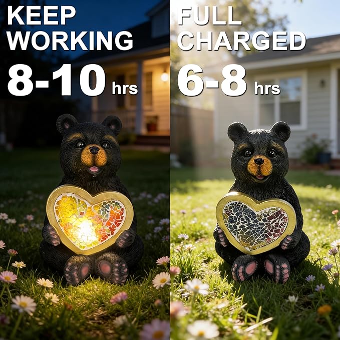 Solar Turtle Garden Statue Lights for Outdoor Decor with Cracked Glass LED Figurine Lighting Resin Succulent Tortoise Decorations Patio Lawn Yard Housewarming Mom Gifts (Black Bear)