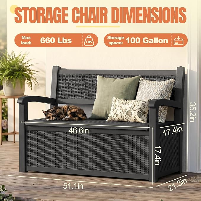 Storage Bench Outdoor Deck Box,100 Gallon Waterproof & UV Resistant Lockable Patio Furniture Seating.Indoor/Outdoor Shoe Storage Cabinet for Garden Cushions,Tools,Patio,Pool Supplies(Black)