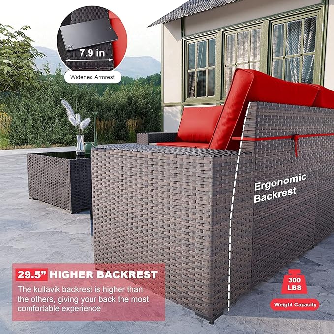 Kullavik Outdoor Patio Furniture Set 12 Pieces Sectional Rattan Sofa Set Brown PE Rattan Wicker Patio Conversation Set with 10 Red Seat Cushions and 2 Tempered Glass Table