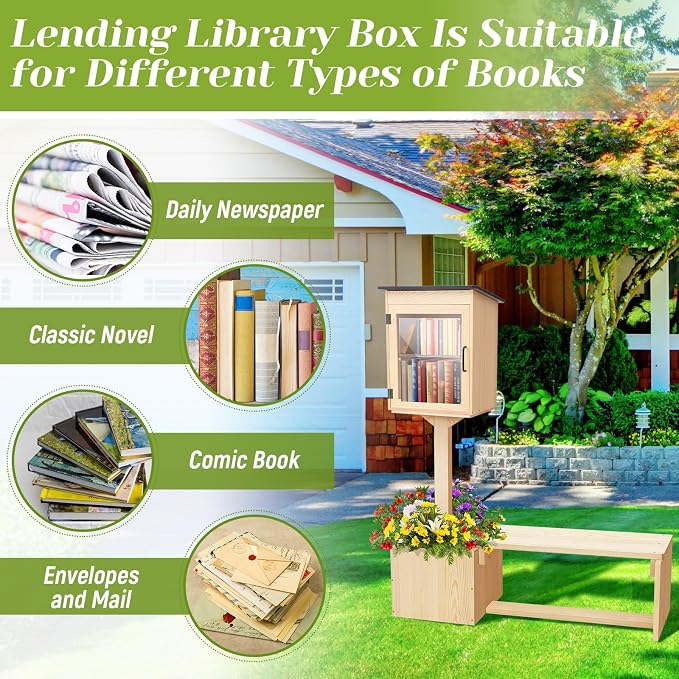 Wonderjune 3-in-1 Little Library Box Outdoor with Bench and Flower Fences, 55.8 Inch Weatherproof Solid Wood Exchange Box with Floor Plugs and Flower Fence for Neighborhoods, Community, School