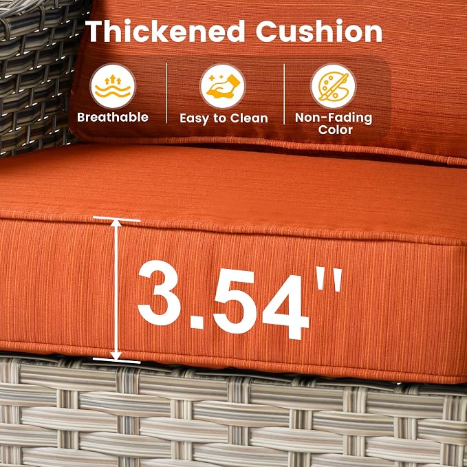 7 Pieces Patio Sectional Furniture Set, Outdoor Wicker Sectional Couch with Solar Lights Table, Modern Conversation Set for Porch Balcony Backyard, Orange
