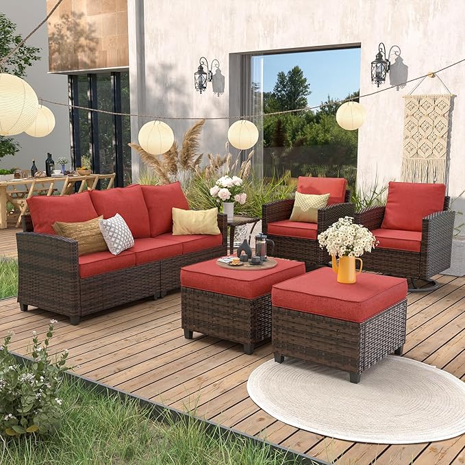 UDPATIO Patio Furniture Swivel Rocking Chair Sets, 6 Pieces Outdoor Conversation Sectional Furniture, Wicker Rattan Sofa with 2 Ottomans 1 Side Table for Garden Poolside Backyard, Wine Red Cushion
