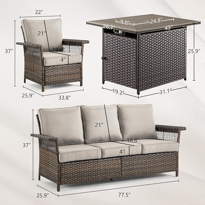 Patio Furniture Set with Fire Pit Table, 4PCS Conversation Set Brown Resin Wicker Chair and Sofa with 41in Rectangular Firepit Table PE Rattan Furniture Set