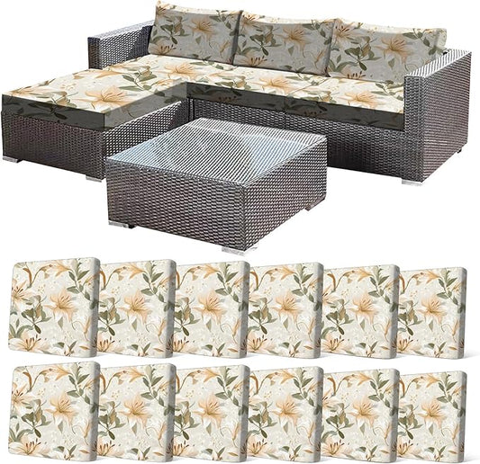 CALBODE 12 Pcs Stretch Outdoor Seat Cushion Covers, Washable Chair Seat Cover for Patio Furniture Cushions Soft Indoor and Outdoor Couch Cover Replacement (Lily, Cover Only)